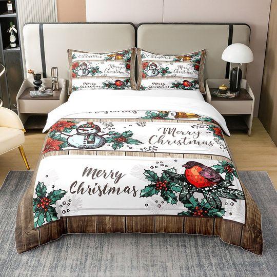 Merry Christmas Bedding Set Xmas Jingle Bell Snowman Poinsettia Red Bird Bedding Set Gift For Your Girlfriend Boyfriend Gift For Love Gift For Friend Best Valentine Present Holiday Gift