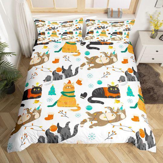 Cartoon Cats Xmas Bedding Set Lovely Family Pet Animal Bedding Set Gift For Your Girlfriend Boyfriend Gift For Love Gift For Friend Best Valentine Present Holiday Gift