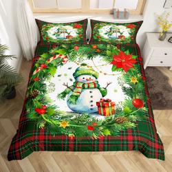 Watercolor Snowman Bedding Set, Xmas Gifts Poinsettia Flowers Jingle Bell Bedding Set Gift For Your Girlfriend Boyfriend Gift For Love Gift For Friend Best Valentine Present Holiday Gift