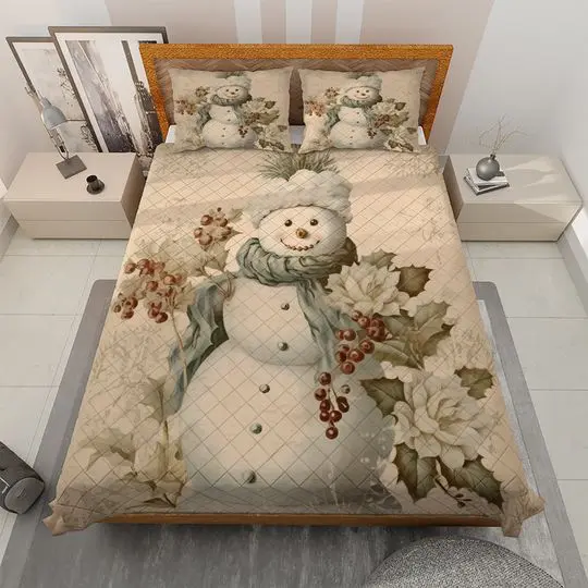 Vintage Snowman Christmas Bedding Set, Floral Christmas BlanketGift For Your Girlfriend Boyfriend Gift For Love Gift For Friend Best Valentine Present Holiday Gift
