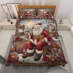 Vintage Santa Claus with Gift Christmas Bedding Set, Retro Santa Christmas BlanketGift For Your Girlfriend Boyfriend Gift For Love Gift For Friend Best Valentine Present Holiday Gift