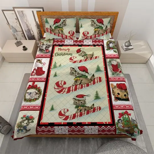 Vintage Cute Cats Meowy Christmas Bedding Set Gift For Your Girlfriend Boyfriend Gift For Love Gift For Friend Best Valentine Present Holiday Gift