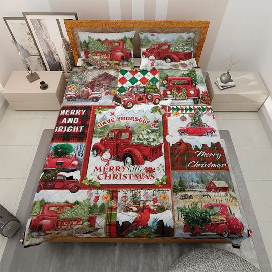 Vintage Christmas Camper Truck Bedding Set, Christmas Gifts, Christmas Home decorGift For Your Girlfriend Boyfriend Gift For Love Gift For Friend Best Valentine Present Holiday Gift