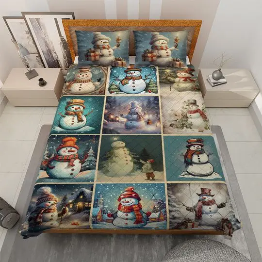 Vintage Cute Snowman Collection Christmas Bedding Set, Christmas New year GiftGift For Your Girlfriend Boyfriend Gift For Love Gift For Friend Best Valentine Present Holiday Gift
