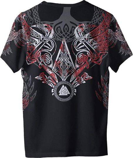 3D Printed Viking Raven T-Shirt, Summer Quick Dry Wolf Fenrir Men's Crow Rune Amulet Short Sleeve,Red,XL Meaningful Gift For Family Gift For Boyfriend Valentine Gift
