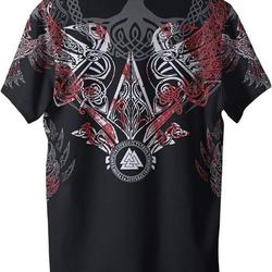 3D Printed Viking Raven T-Shirt, Summer Quick Dry Wolf Fenrir Men's Crow Rune Amulet Short Sleeve,Red,XL Meaningful Gift For Family Gift For Boyfriend Valentine Gift