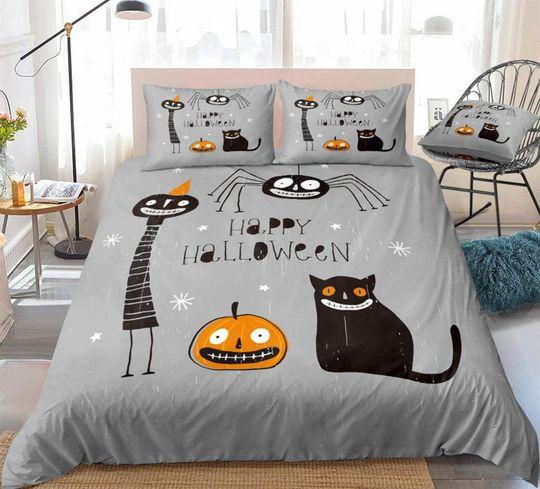 Smiling pumpkin black cat spider Halloween Bedding Set Gift For Your Girlfriend Boyfriend Gift For Love Gift For Friend Best Valentine Present Holiday Gift
