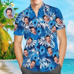 Custom Photo Face Shirt - Custom Men's Face Shirt All Over Print Hawaiian Shirt - Flowers and Leaves Design Gift For Your Girlfriend Boyfriend Gift For Love Gift For Friend Best Valentine Present Holiday Gift