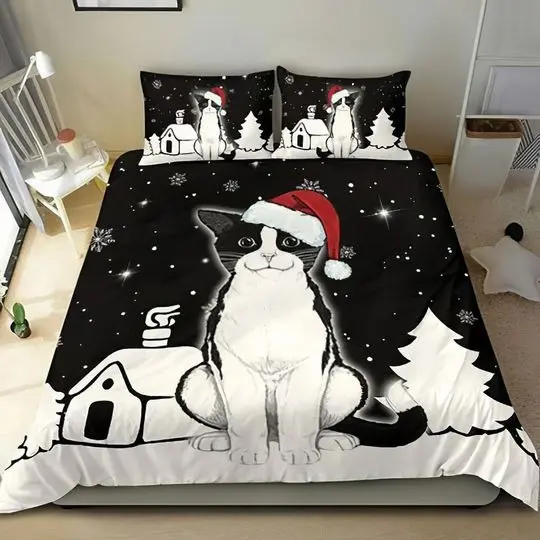 Cat Christmas Night Pattern Christmas Bedding SetsGift For Your Girlfriend Boyfriend Gift For Love Gift For Friend Best Valentine Present Holiday Gift