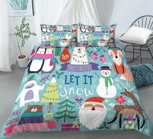 Let it snow Santa Claus, bear, penguin sea green Bedding Set Gift For Your Girlfriend Boyfriend Gift For Love Gift For Friend Best Valentine Present Holiday Gift