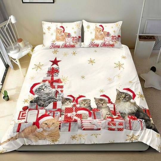 Cat Christmas Present Pattern Christmas Bedding SetsGift For Your Girlfriend Boyfriend Gift For Love Gift For Friend Best Valentine Present Holiday Gift