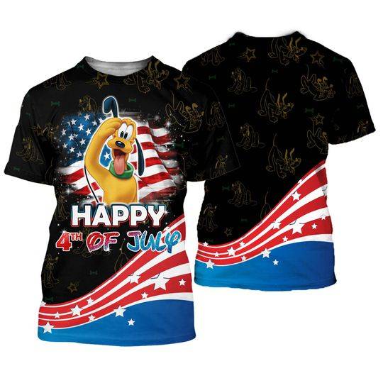 Pluto Dog July 4th USA Flag Patterns Disney Cartoon Outfits Unisex Casual T-shirts Meaningful Gift For Family Gift For Boyfriend Valentine Gift