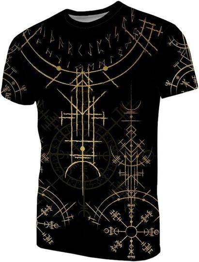 3D Digital Printed Sleeve T-Shirt Norse Viking Tattoo Rune Amulet Biker Clothes Workout Loose Casual Athletic Style,Compass,L Meaningful Gift For Family