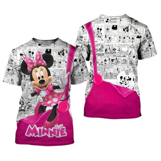 Minnie Mouse Pink Button Overalls Patterns Disney Cartoon Outfits Unisex Casual T-shirts Meaningful Gift For Family Gift For Boyfriend Valentine Gift