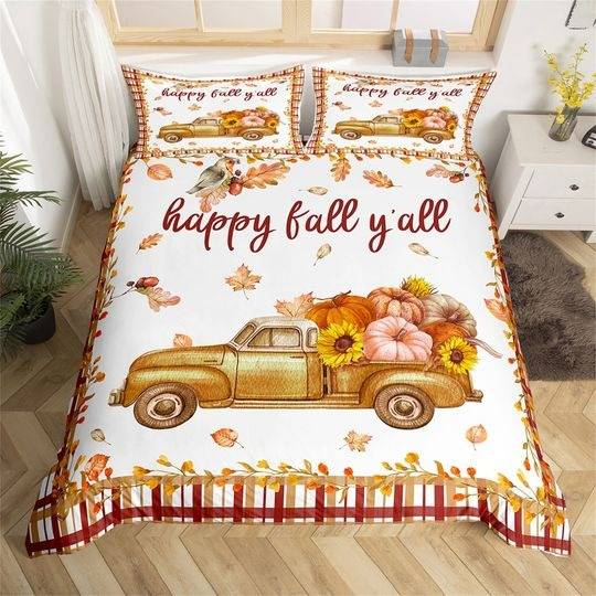 Watercolor Pumpkin Truck Handmade Duvet Cover, Fall Leaves Sunflowers Bedding Set Gift For Your Girlfriend Boyfriend Gift For Love Gift For Friend Best Valentine Present Holiday Gift
