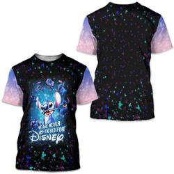 Stitch Never Too Old For Blue Black Disney Cartoon Outfits Unisex Casual T-shirts 3D Meaningful Gift For Family Gift For Boyfriend Valentine Gift
