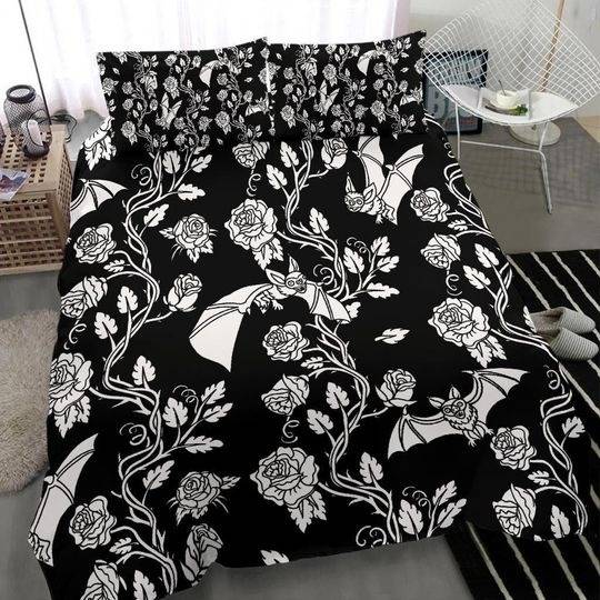 Gothic Bedding Old School Roses Bats and Thorns Bedding Set Gift For Your Girlfriend Boyfriend Gift For Love Gift For Friend Best Valentine Present Holiday Gift