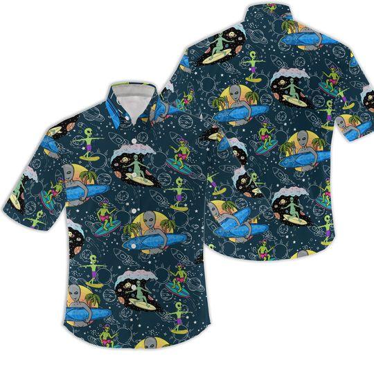 Alien Surfing Hawaiian Shirt Alien Button Up Shirt Funny Alien Hawaiian Shirt Gift For Your Girlfriend Boyfriend Gift For Love Gift For Friend Best Valentine Present Holiday Gift