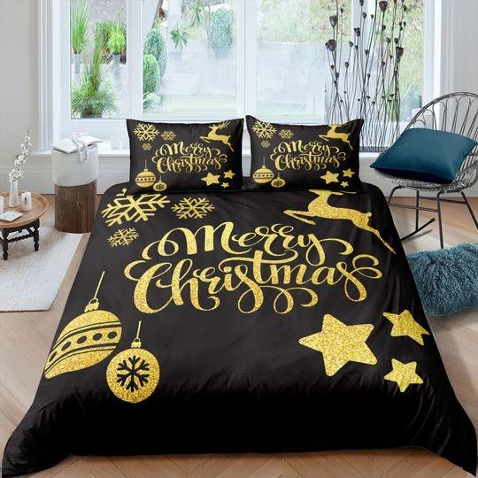 Golden Merry Christmas Bedding Set Gift For Your Girlfriend Boyfriend Gift For Love Gift For Friend Best Valentine Present Holiday Gift