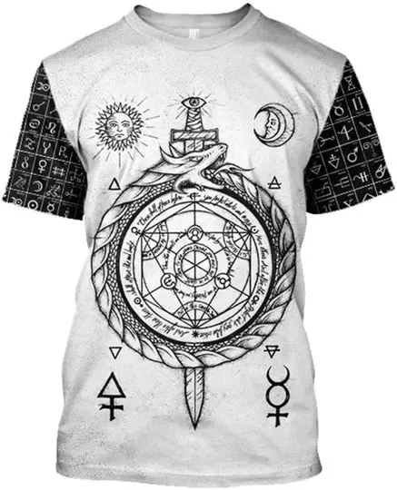 3D Print Viking Midgard Serpent Men's Amulet T-Shirt, Summer Quick Dry Alchemy Rune Short Sleeve,White,4XL Meaningful Gift For Family Gift For Boyfriend Valentine Gift
