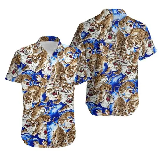 One hundred Tigers Blue Coler Hawaiian Shirt Gift For Your Girlfriend Boyfriend Gift For Love Gift For Friend Best Valentine Present Holiday Gift