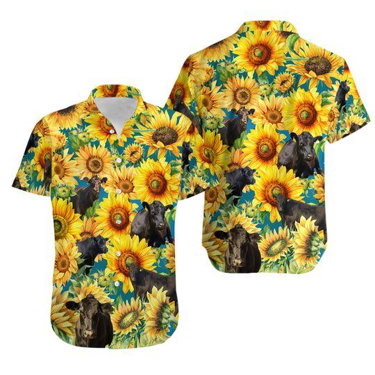 Black Angus Cattle Lovers Sunflower Watercolor Hawaiian Shirt, Cow Flower Aloha shirt Gift For Your Girlfriend Boyfriend Gift For Love Gift For Friend Best Valentine Present Holiday Gift