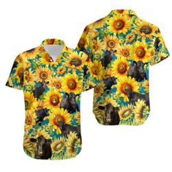 Black Angus Cattle Lovers Sunflower Watercolor Hawaiian Shirt, Cow Flower Aloha shirt Gift For Your Girlfriend Boyfriend Gift For Love Gift For Friend Best Valentine Present Holiday Gift