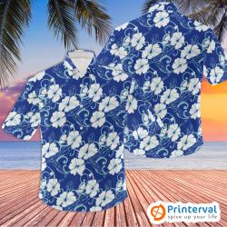 Blue Button Down Hawaiian Shirt with Hibiscus Flower Print Gift For Your Girlfriend Boyfriend Gift For Love Gift For Friend Best Valentine Present Holiday Gift