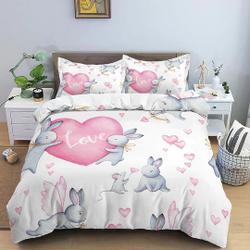 Cute Bunny and Hearts Bedding, Duvet Cover Set & Pillowcase, Zipper Bedding, Dorm BeddingGift For Your Girlfriend Boyfriend Gift For Love Gift For Friend Best Valentine Present Holiday Gift