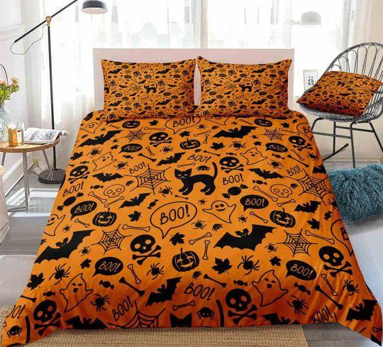 Skull, bats and cat orange Halloween Bedding Set Gift For Your Girlfriend Boyfriend Gift For Love Gift For Friend Best Valentine Present Holiday Gift