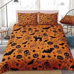 Skull, bats and cat orange Halloween Bedding Set Gift For Your Girlfriend Boyfriend Gift For Love Gift For Friend Best Valentine Present Holiday Gift