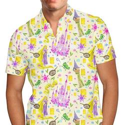 Watercolor Tangled Disney Rapunzel Inspired Men's Button Down Short-Sleeved Shirt Gift For Your Girlfriend Boyfriend Gift For Love Gift For Friend Best Valentine Present Holiday Gift