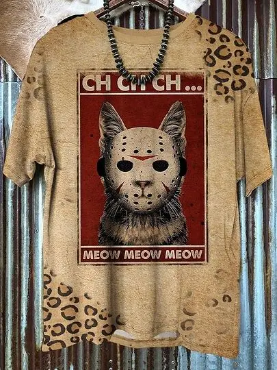 Cat Meow Vintage Scary Halloween Print 3D T-shirt Meaningful Gift For Family Gift For Boyfriend Valentine Gift
