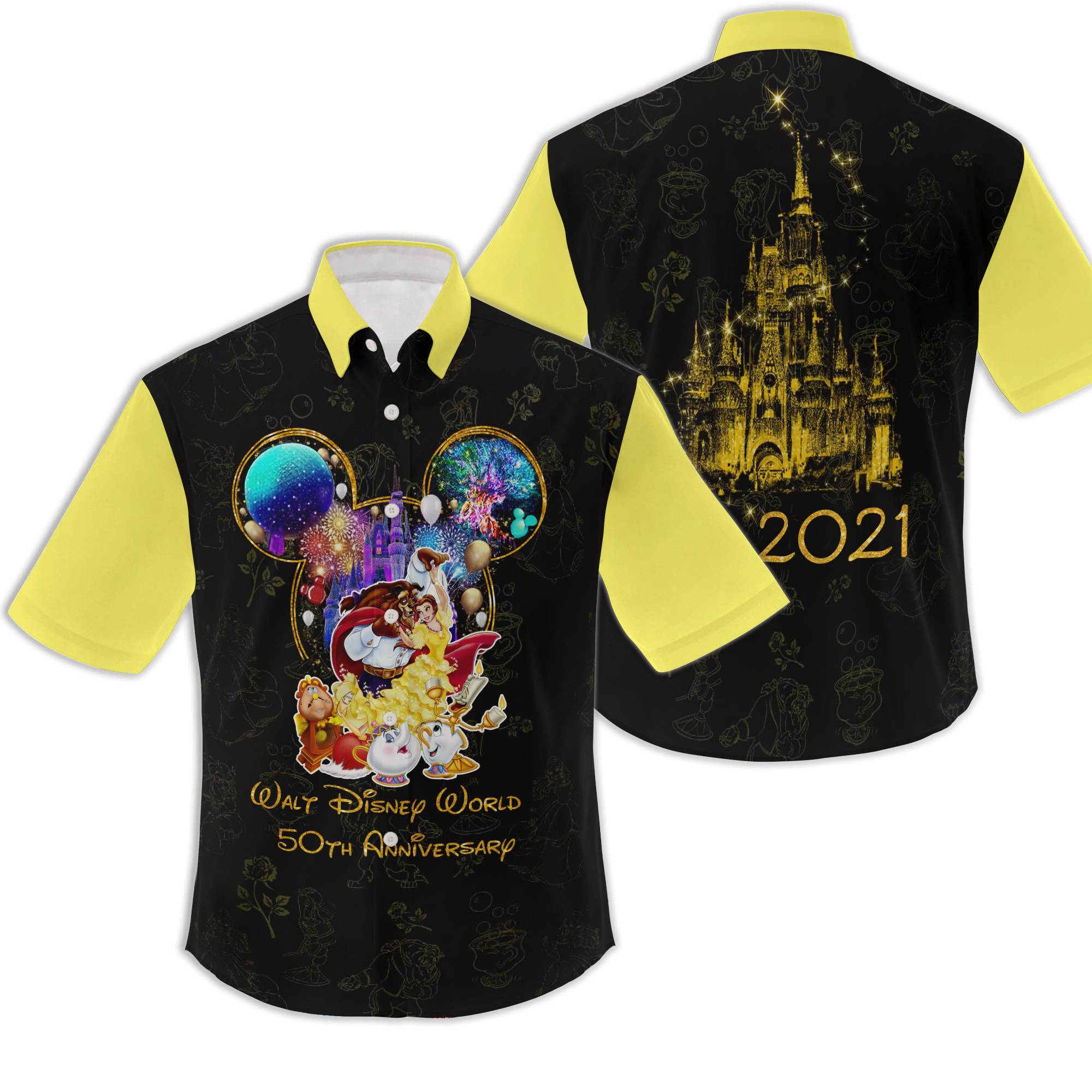 Beauty & The Beast 50th Anniversary Glitter Castle Hawaiian Shirt Gift For Your Girlfriend Boyfriend Gift For Love Gift For Friend Best Valentine Present Holiday Gift