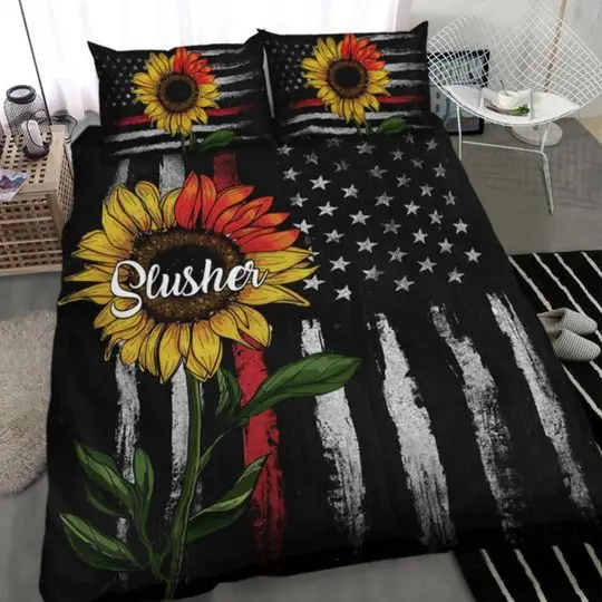Custom Firefighter Sunflower American Flag Personalized Name Bedding Set Gift For Your Girlfriend Boyfriend Gift For Love Gift For Friend Best Valentine Present Holiday Gift