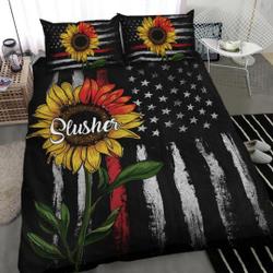 Custom Firefighter Sunflower American Flag Personalized Name Bedding Set Gift For Your Girlfriend Boyfriend Gift For Love Gift For Friend Best Valentine Present Holiday Gift