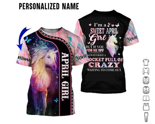 Unicorn, horse, Personalized Name April Girl 3D All Over Printed Tshirt Meaningful Gift For Family Gift For Boyfriend Valentine Gift