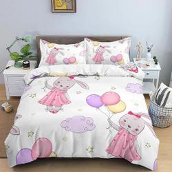 Cute Bunny with Balloons Bedding, Duvet Cover Set & Pillowcase, Zipper Bedding, Dorm BeddingGift For Your Girlfriend Boyfriend Gift For Love Gift For Friend Best Valentine Present Holiday Gift