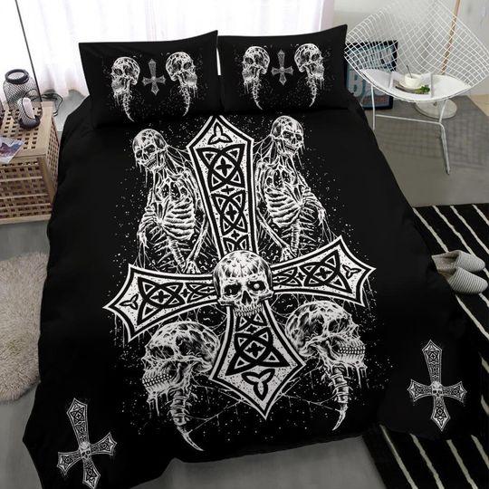 Inverted Skull Skeleton Cross 3 Piece Duvet Bedding Set Gift For Your Girlfriend Boyfriend Gift For Love Gift For Friend Best Valentine Present Holiday Gift