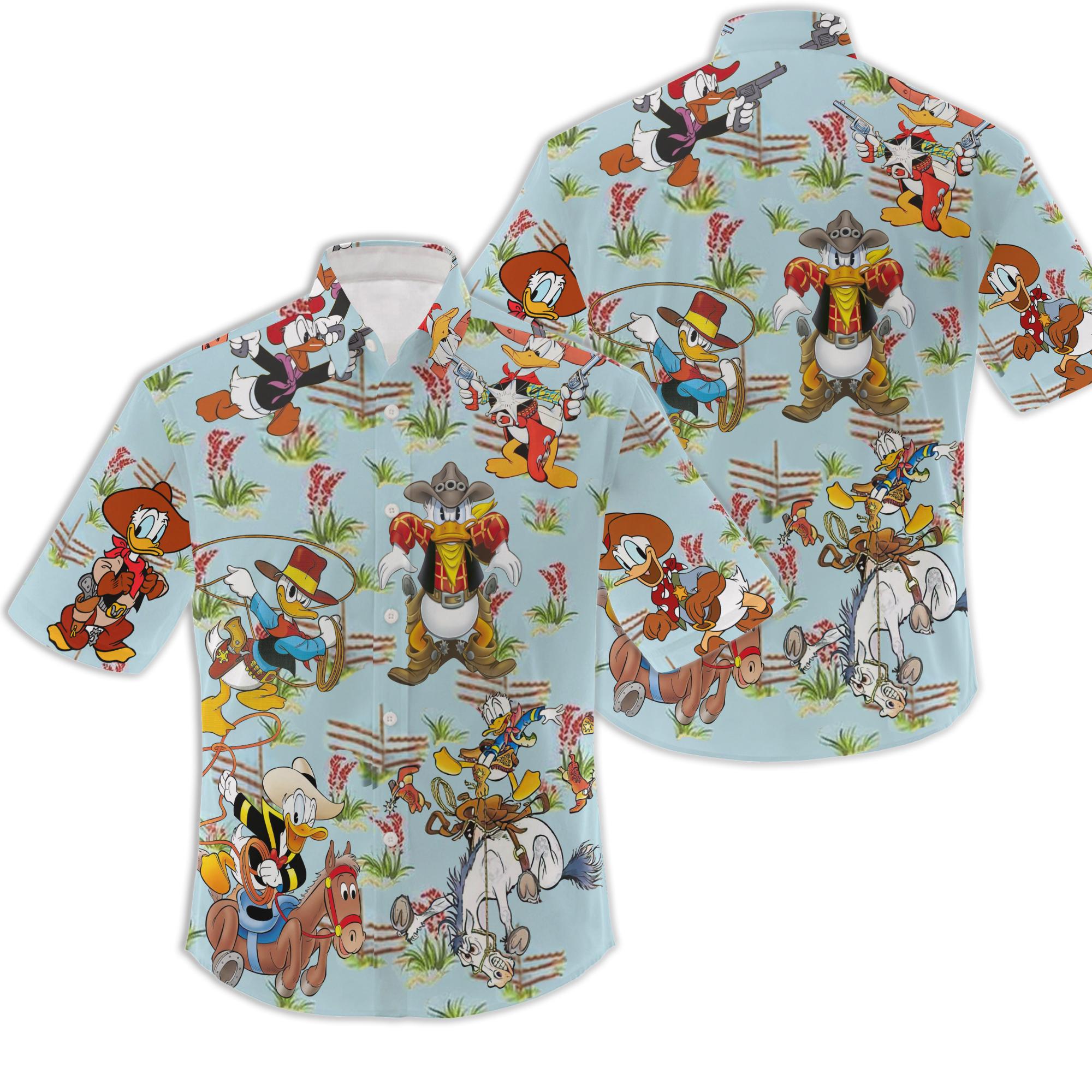 Donald Duck Cowboy Hawaiian Shirt, Disney Hawaiian Aloha Shirt, Button Up Shirt Gift For Your Girlfriend Boyfriend Gift For Love Gift For Friend Best Valentine Present Holiday Gift