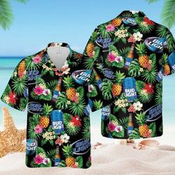 Bud Light Blue Tropical Flower Hawaiian Shirt Gift For Your Girlfriend Boyfriend Gift For Love Gift For Friend Best Valentine Present Holiday Gift
