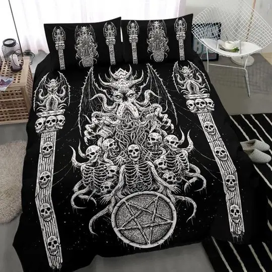 Skull Skeleton Satanic Pentagram Demon Octopus Shrine Bedding Set Gift For Your Girlfriend Boyfriend Gift For Love Gift For Friend Best Valentine Present Holiday Gift