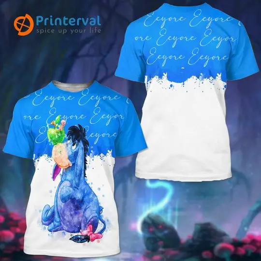 Eeyore Donkey Blue Watercolor Glitter Disney Graphics Cartoon 3D Tshirt Meaningful Gift For Family Gift For Boyfriend Valentine Gift