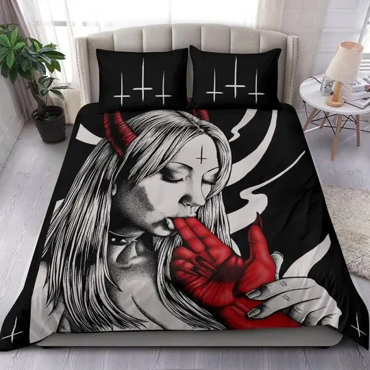New! Satanic Cross Satanic Demon Embrace The Master Bedding Set Gift For Your Girlfriend Boyfriend Gift For Love Gift For Friend Best Valentine Present Holiday Gift