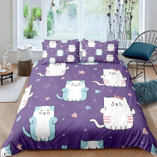 Japanese cat purple bedding cute duvet cover Set Gift For Your Girlfriend Boyfriend Gift For Love Gift For Friend Best Valentine Present Holiday Gift