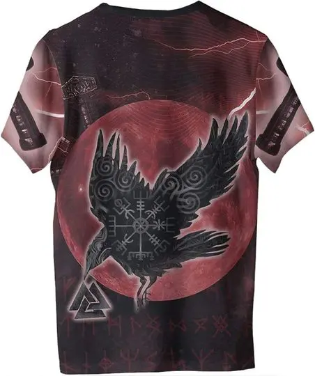 Men's Fashion Raven 3D Printed T-Shirt, Summer Quick Dry Thor's Hammer Viking Short Sleeve Top,Red,4XL Meaningful Gift For Family Gift For Boyfriend Valentine Gift