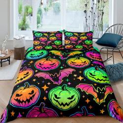 Bat and pumpkin 90s neon Halloween Bedding Set Gift For Your Girlfriend Boyfriend Gift For Love Gift For Friend Best Valentine Present Holiday Gift