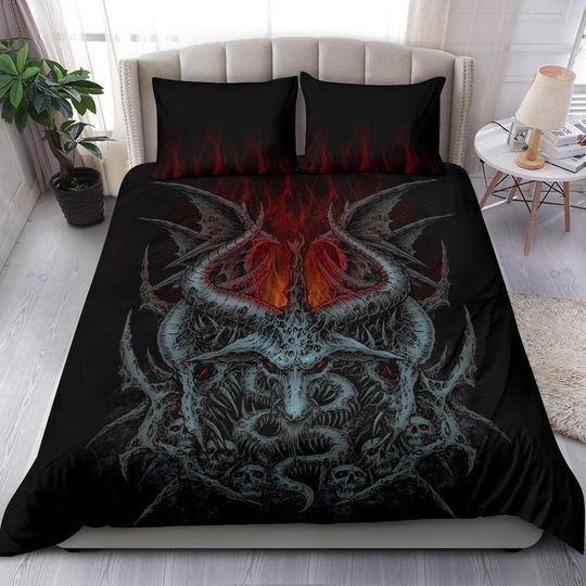 Skull Satanic Goat Winged Demon Flame Bedding Set Gift For Your Girlfriend Boyfriend Gift For Love Gift For Friend Best Valentine Present Holiday Gift