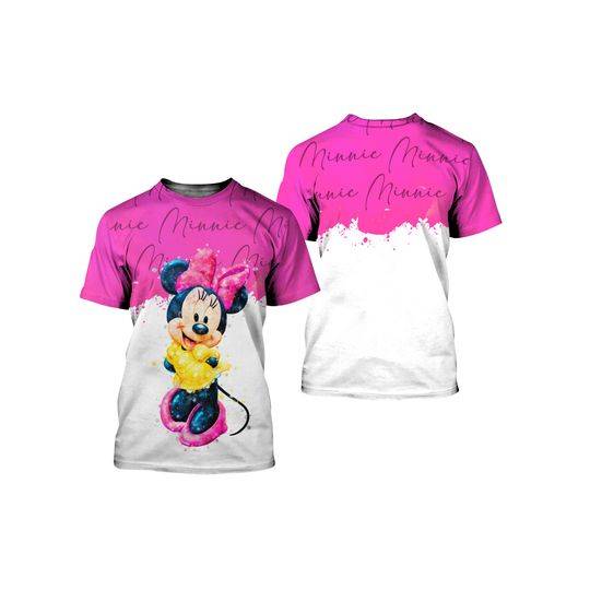 Minnie Mouse Pink Watercolor Glitter Disney Graphics Cartoon Outfits 3D Tshirt Meaningful Gift For Family Gift For Boyfriend Valentine Gift