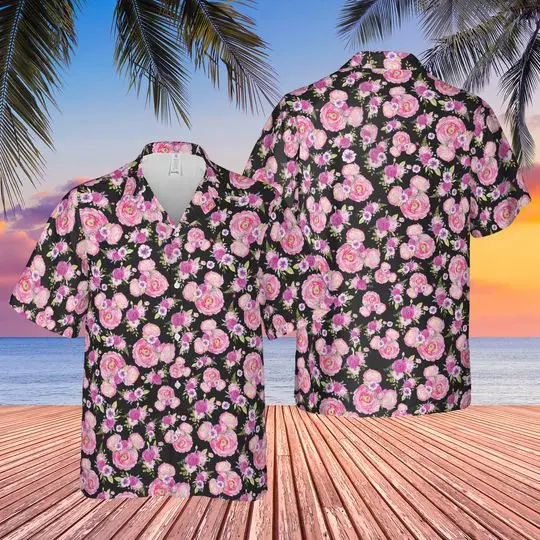 Fuchsia Pink Floral Minnie Ears - Disney Inspired Men's Button Down Short-Sleeved Shirt Gift For Your Girlfriend Boyfriend Gift For Love Gift For Friend Best Valentine Present Holiday Gift